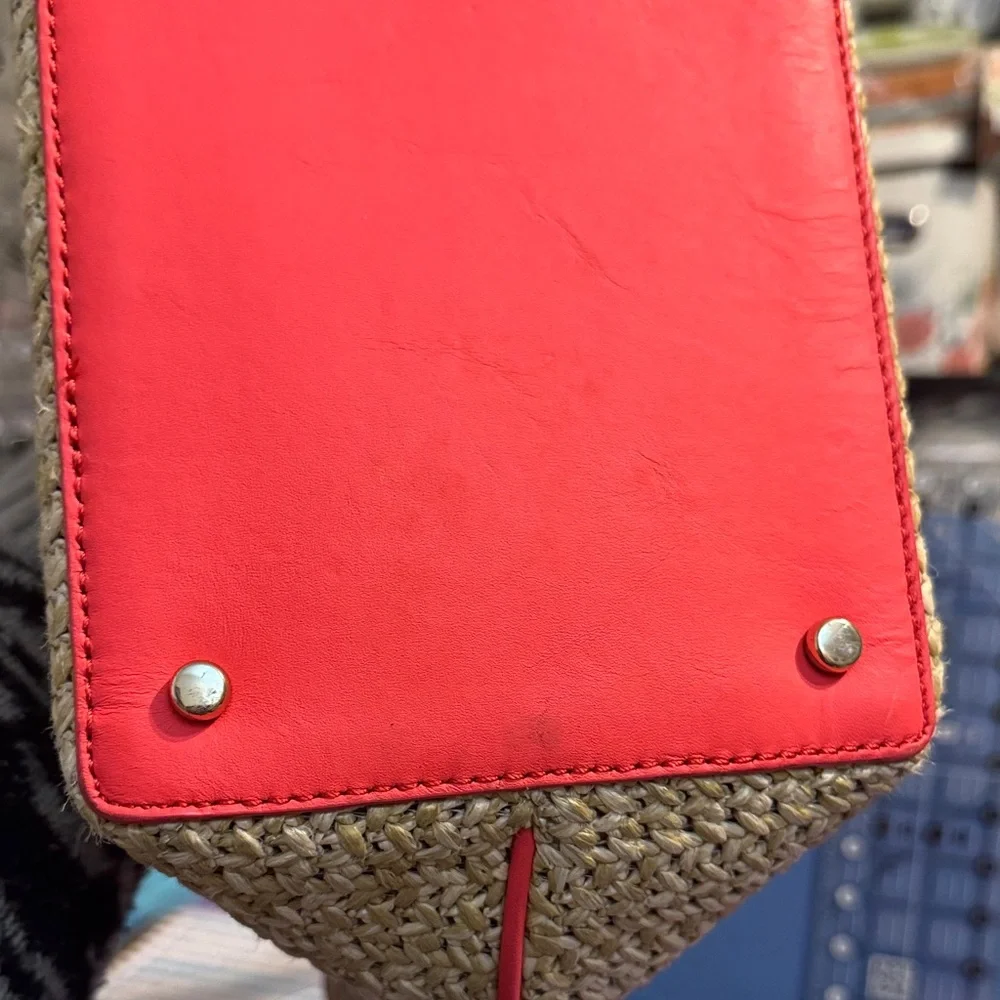 Kate Spade Tan Straw Tote with Red Orange Trim - Picture 7 of 9